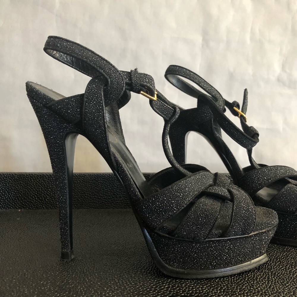 SAINT LAURENT TRIBUTE GLITTER HEELS YSL PLATFORMS